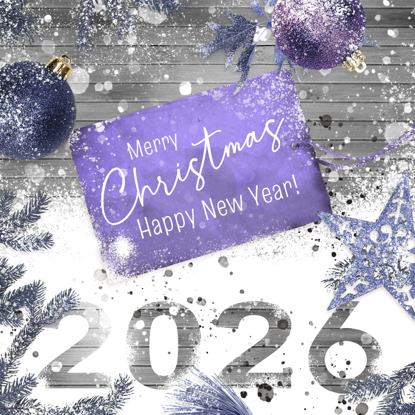 Kerstkaarten - Kerstkaart label 2026 hout en kerstballen