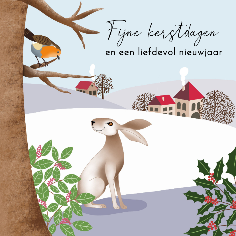 Kerstkaart - Landschap met haas en roodborstje - Kerstkaarten Kerstkaarten - Kerstkaart - Landschap met haas en roodborstje
