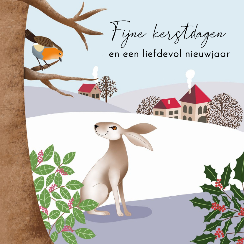 Kerstkaarten - Kerstkaart - Landschap met haas en roodborstje