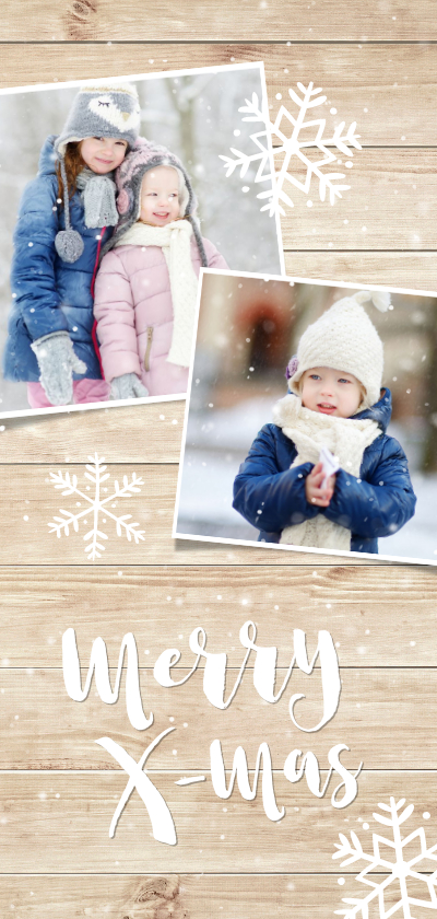 Kerstkaart langwerpig met hout, wintersfeer en eigen foto's - Kerstkaarten Kerstkaarten - Kerstkaart langwerpig met hout, wintersfeer en eigen foto's