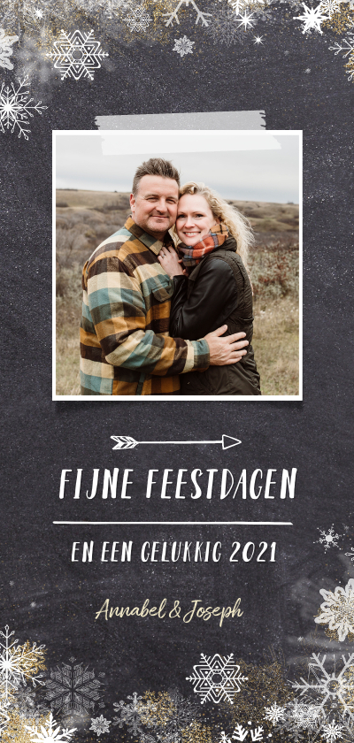 Kerstkaart langwerpig met krijtbordlook en sneeuwsterren - Kerstkaarten Kerstkaarten - Kerstkaart langwerpig met krijtbordlook en sneeuwsterren