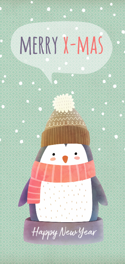 Kerstkaart langwerpig pinguïn met muts - BK - Kerstkaarten Kerstkaarten - Kerstkaart langwerpig pinguïn met muts - BK