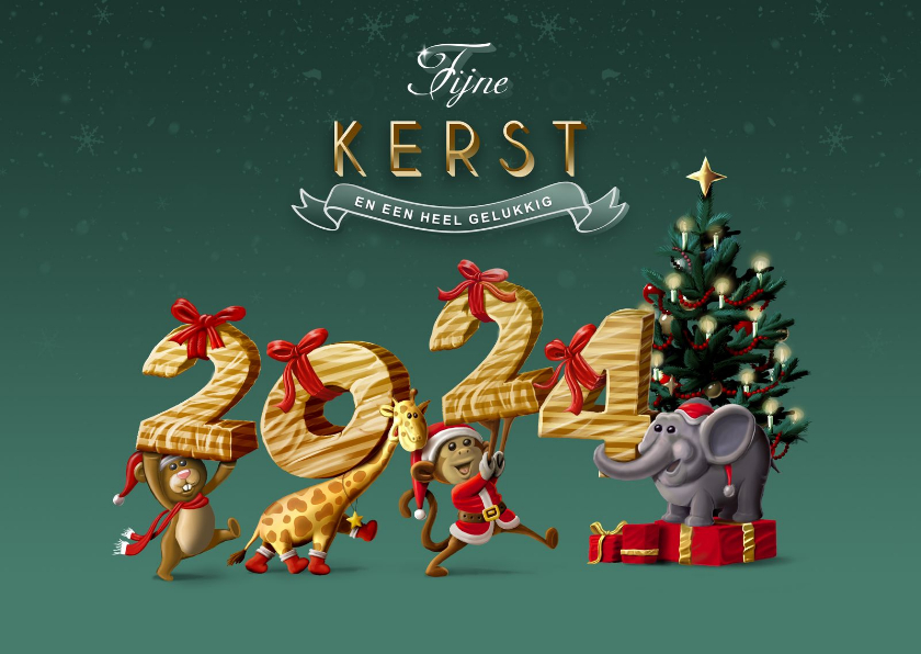 Kerstkaart leuke diertjes met 2025 als Kaartje2go