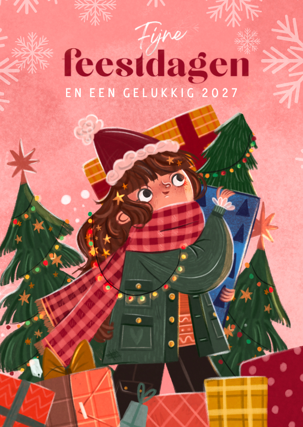 Kerstkaart lief meisje met handen vol cadeautjes - Kerstkaarten Kerstkaarten - Kerstkaart lief meisje met handen vol cadeautjes