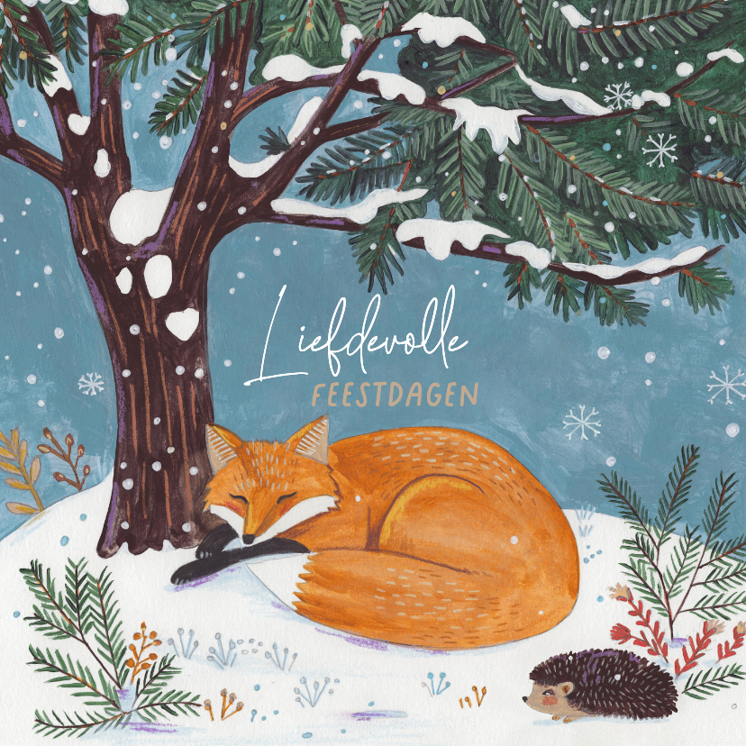 Kerstkaarten - Kerstkaart lief vosje slaapt onder een boom