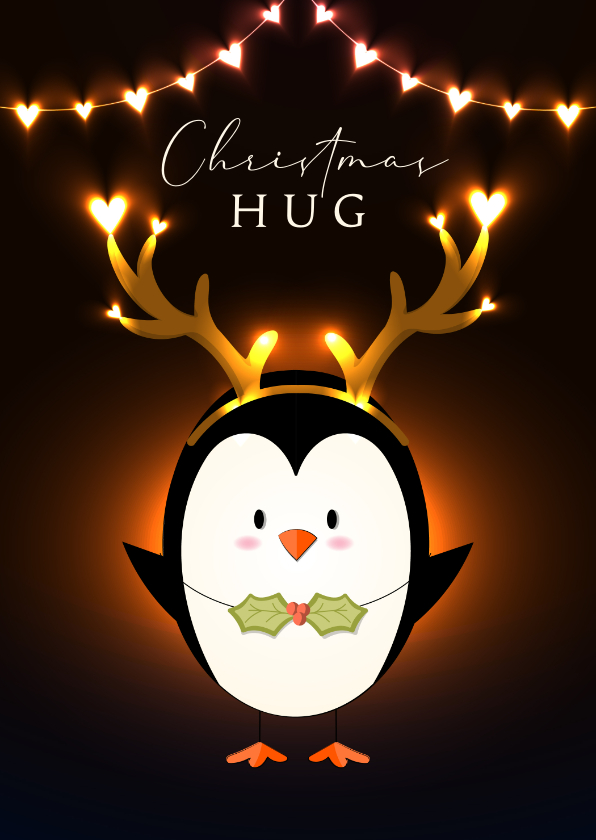Kerstkaarten - Kerstkaart lief vrolijk knuffel lichtgevende hartjes pinguïn