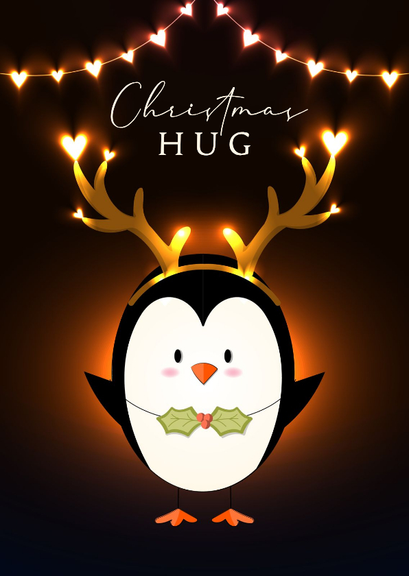 Kerstkaart lief vrolijk knuffel lichtgevende hartjes pinguïn - Kerstkaarten Kerstkaarten - Kerstkaart lief vrolijk knuffel lichtgevende hartjes pinguïn