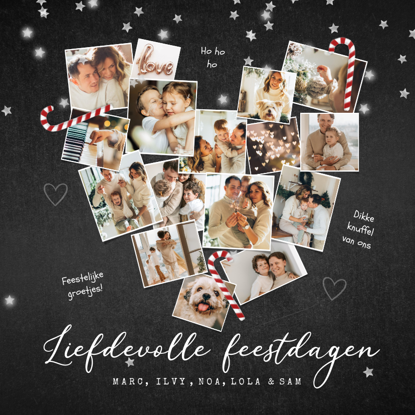 Kerstkaarten - Kerstkaart liefde hart fotocollage zuurstok krijt sterren