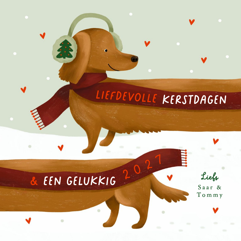 Kerstkaarten - Kerstkaart liefde teckel sjaal sneeuw oorwarmers