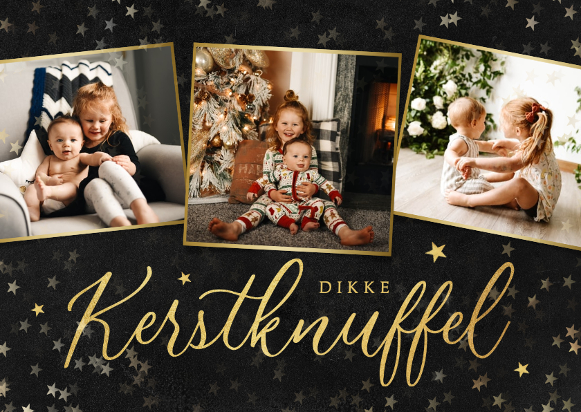 Kerstkaarten - Kerstkaart liefdevol dikke kerstknuffel sterretjes goud foto