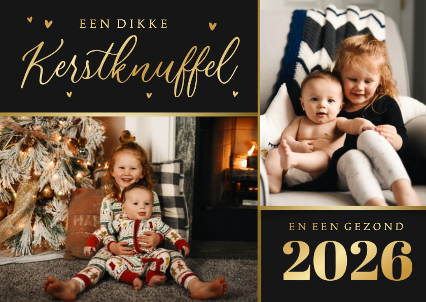 Kerstkaarten - Kerstkaart liefdevol kerstknuffel hartjes foto goud