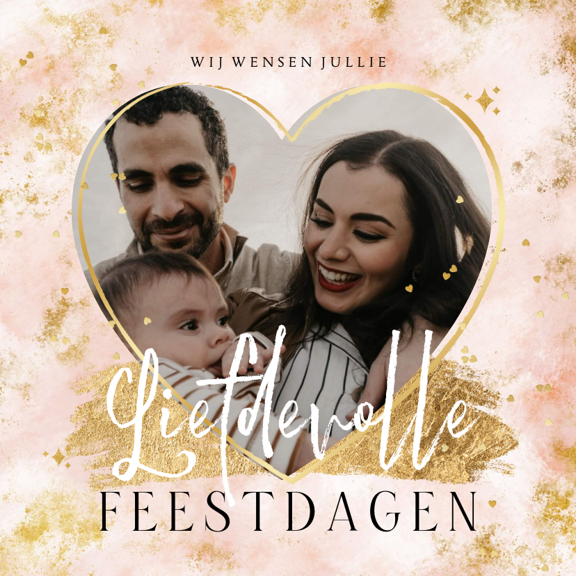 Kerstkaart liefdevolle feestdagen hartjes goud foto - Kerstkaarten Kerstkaarten - Kerstkaart liefdevolle feestdagen hartjes goud foto