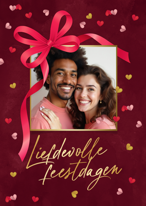 Kerstkaarten - Kerstkaart liefdevolle feestdagen hartjes strik foto goud