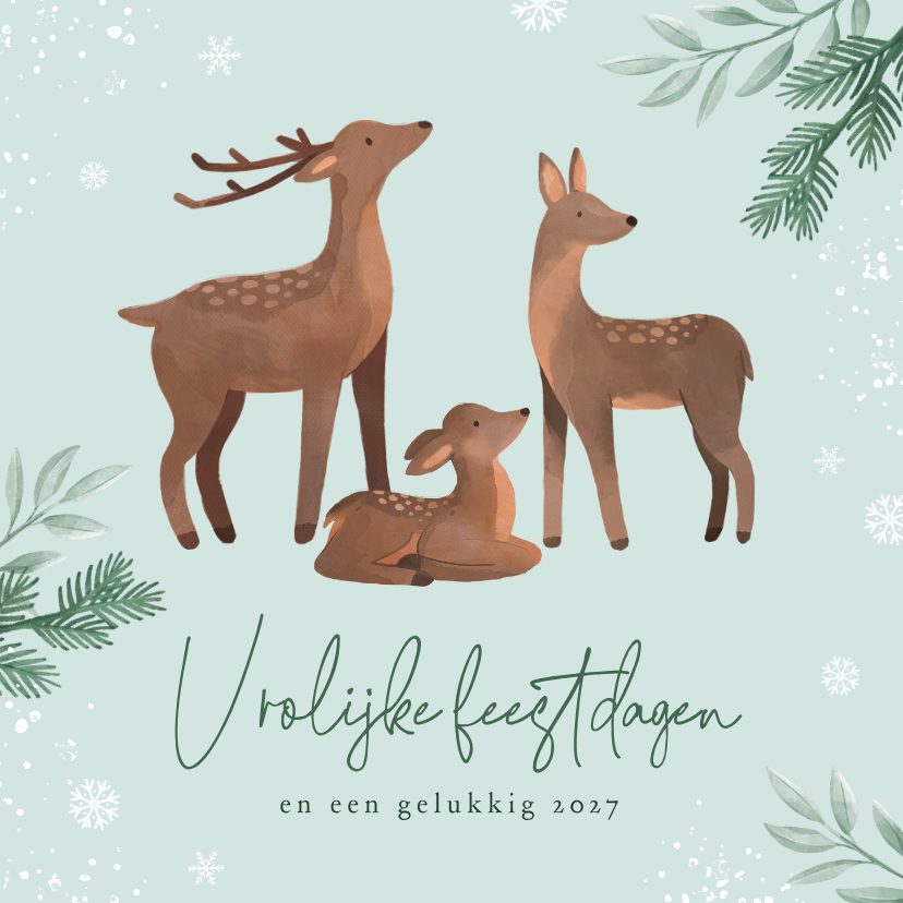 Kerstkaart lieve diertjes hertjes sneeuw winter dennentakjes - Kerstkaarten Kerstkaarten - Kerstkaart lieve diertjes hertjes sneeuw winter dennentakjes
