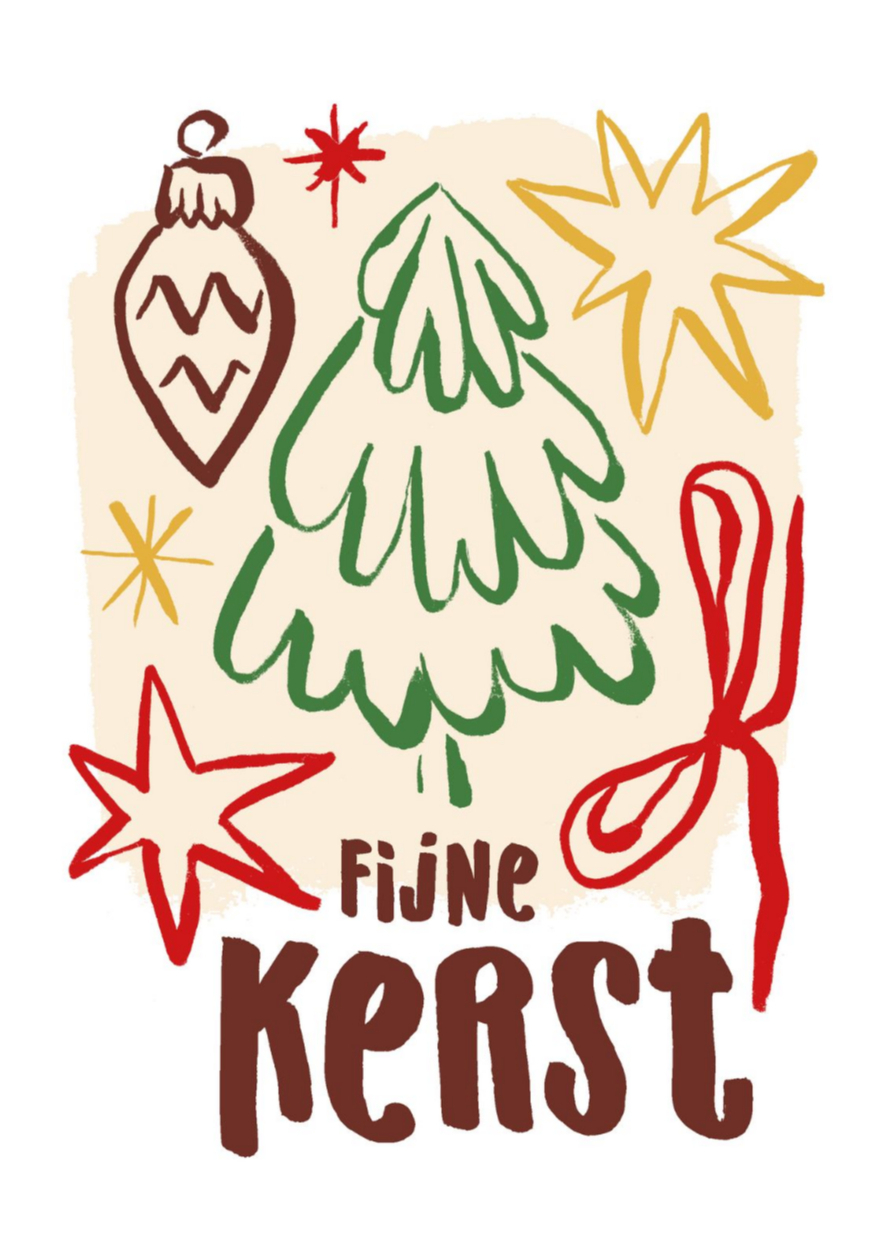 Kerstkaart lijntekeningen boom ster en strik - Kerstkaarten Kerstkaarten - Kerstkaart lijntekeningen boom ster en strik