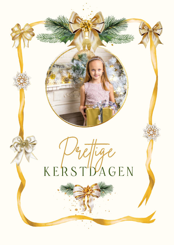Kerstkaarten - Kerstkaart lint met strikken en juweel met kersttakken