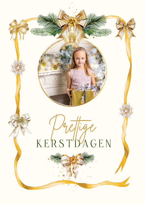 Kerstkaart lint met strikken en juweel met kersttakken - Kerstkaarten Kerstkaarten - Kerstkaart lint met strikken en juweel met kersttakken