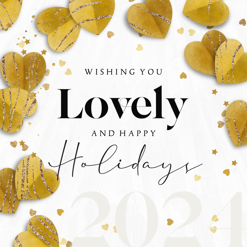 Kerstkaart lovely holidays met hartjes confetti goudlook - Kerstkaarten Kerstkaarten - Kerstkaart lovely holidays met hartjes confetti goudlook