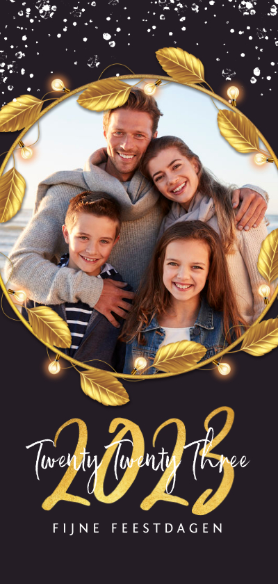 Kerstkaart luxe goud 2023 fijne feestdagen bladeren foto - Kerstkaarten Kerstkaarten - Kerstkaart luxe goud 2023 fijne feestdagen bladeren foto