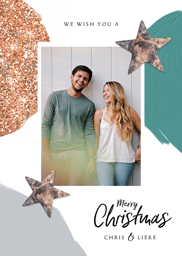 Kerstkaart luxe stijlvol foto glitter sterren groen - Kerstkaarten Kerstkaarten - Kerstkaart luxe stijlvol foto glitter sterren groen