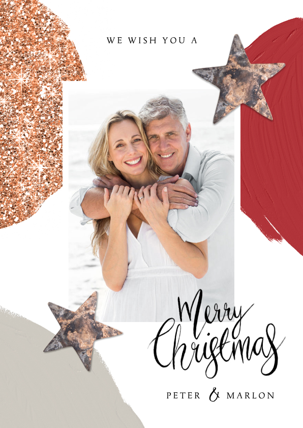 Kerstkaart luxe stijlvol foto glitter sterren rood - Kerstkaarten Kerstkaarten - Kerstkaart luxe stijlvol foto glitter sterren rood