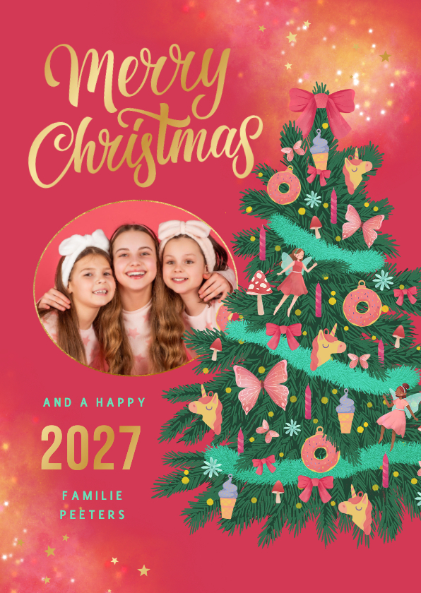 Kerstkaart magisch sprookje elfjes unicorns zoet kerstboom - Kerstkaarten Kerstkaarten - Kerstkaart magisch sprookje elfjes unicorns zoet kerstboom