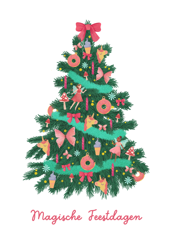 Kerstkaarten - Kerstkaart magische kerst unicorn elfjes kerstboom donuts