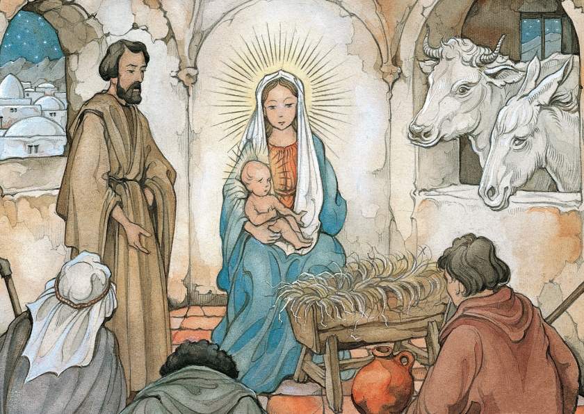 Kerstkaarten - Kerstkaart Maria Jozef en Jezus in kerststal