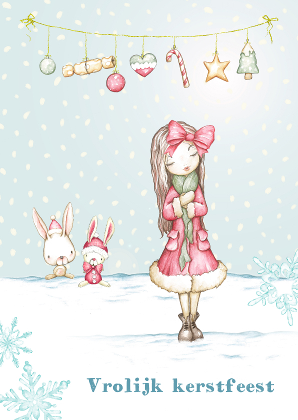 Kerstkaarten - Kerstkaart meisje in de sneeuw met kerstversiering