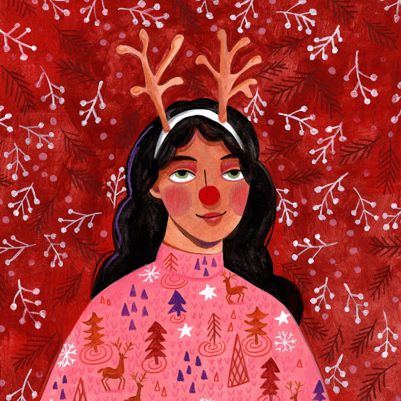 Kerstkaarten - Kerstkaart meisje verkleed als Rudolf het rendier