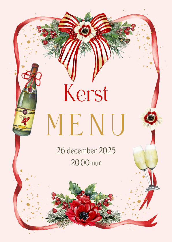 Kerstkaarten - Kerstkaart menu met strik en kersttakken