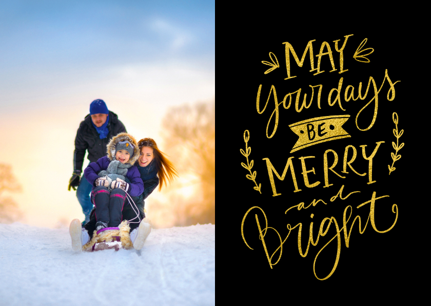 Kerstkaart Merry and Bright goud zwart met foto - Kerstkaarten Kerstkaarten - Kerstkaart Merry and Bright goud zwart met foto