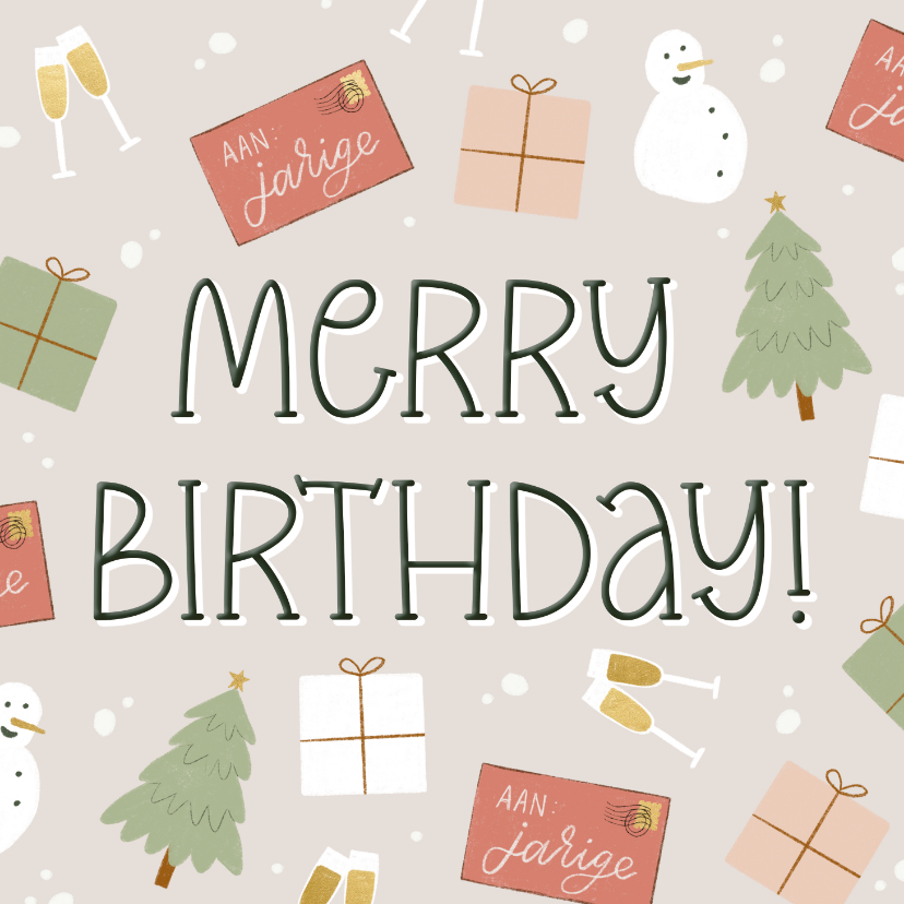 Kerstkaarten - Kerstkaart Merry Birthday met illustraties