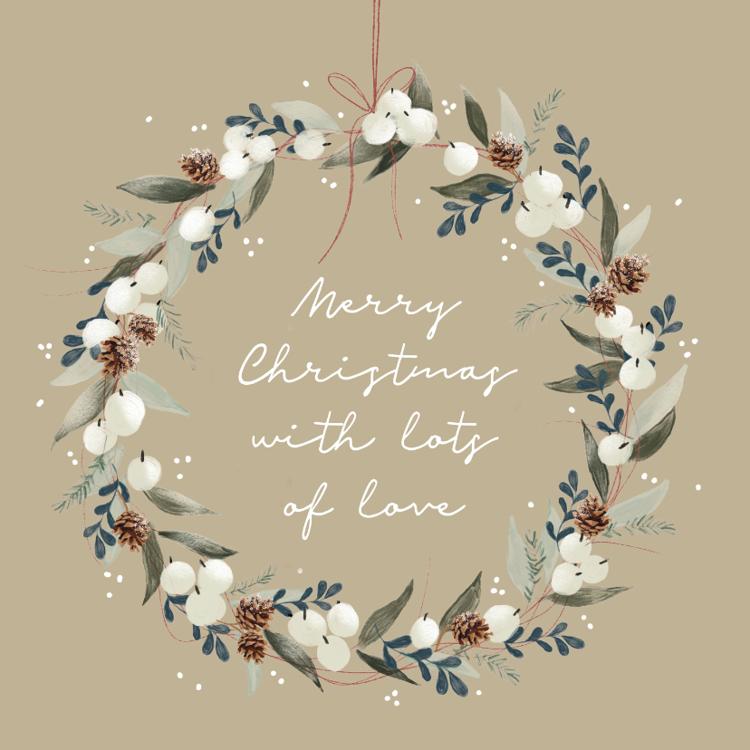 Kerstkaart merry christmas and lots of love kerstkrans - Kerstkaarten Kerstkaarten - Kerstkaart merry christmas and lots of love kerstkrans