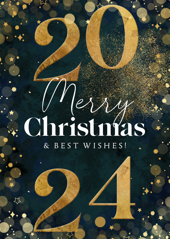 Kerstkaart merry christmas jaartal goud sterren - Kerstkaarten Kerstkaarten - Kerstkaart merry christmas jaartal goud sterren