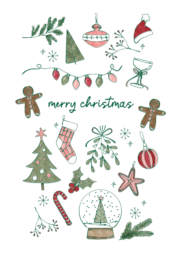Kerstkaart 'Merry Christmas' met geïllustreerde kerst items - Kerstkaarten Kerstkaarten - Kerstkaart 'Merry Christmas' met geïllustreerde kerst items