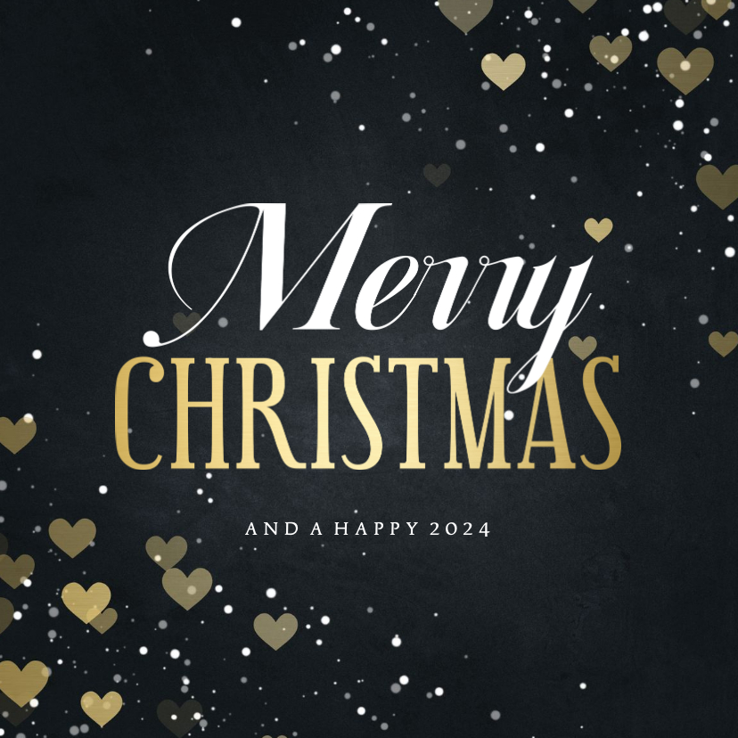 Kerstkaart Merry Christmas met hartjes en spetters - Kerstkaarten Kerstkaarten - Kerstkaart Merry Christmas met hartjes en spetters