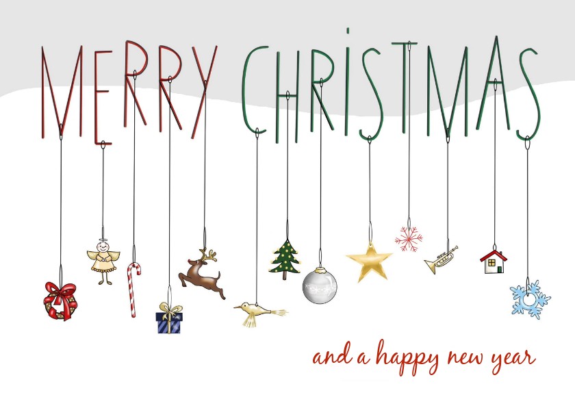 Kerstkaart - merry christmas met kersthangers - Kerstkaarten Kerstkaarten - Kerstkaart - merry christmas met kersthangers