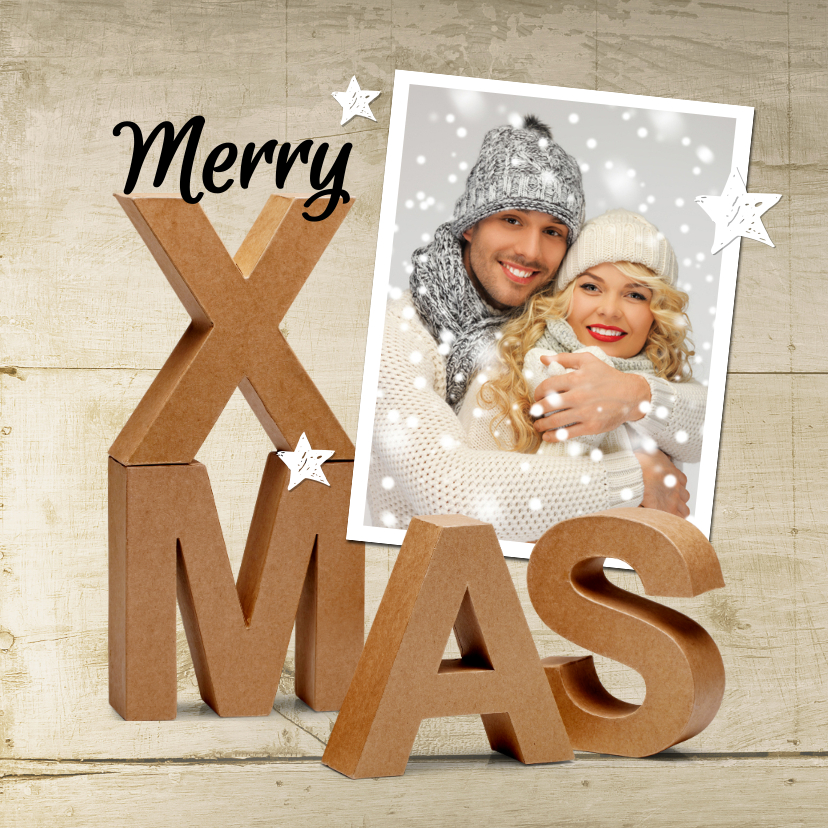 Kerstkaart Merry X-Mas karton 3D eigen foto hout - Kerstkaarten Kerstkaarten - Kerstkaart Merry X-Mas karton 3D eigen foto hout