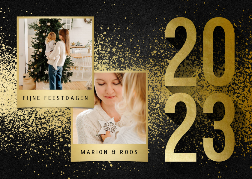 Kerstkaarten - Kerstkaart met 2 foto's goudlook 2023 en spetters