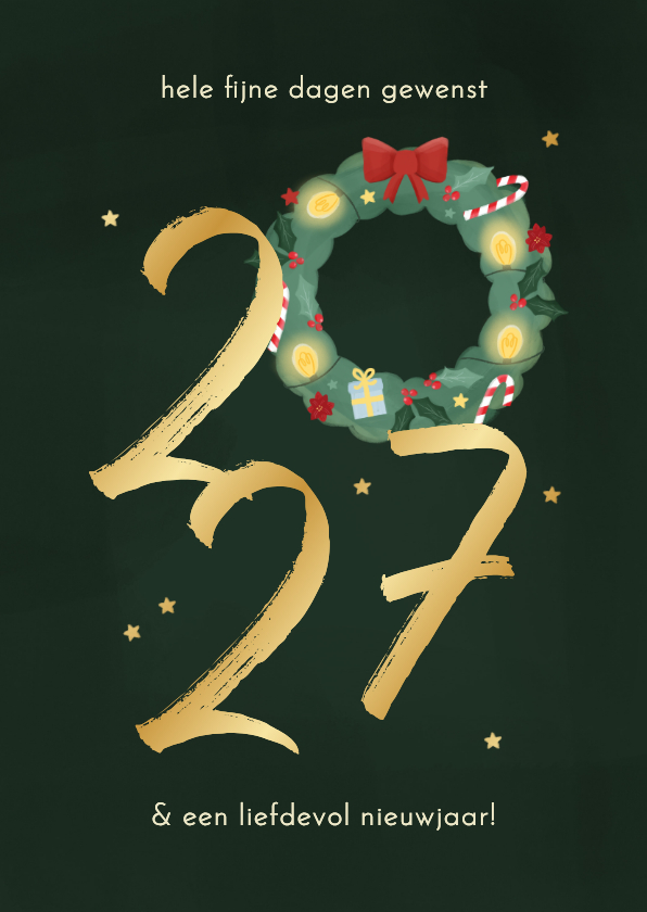 Kerstkaart met 2027 en kerstkrans goud sterretjes - Kerstkaarten Kerstkaarten - Kerstkaart met 2027 en kerstkrans goud sterretjes