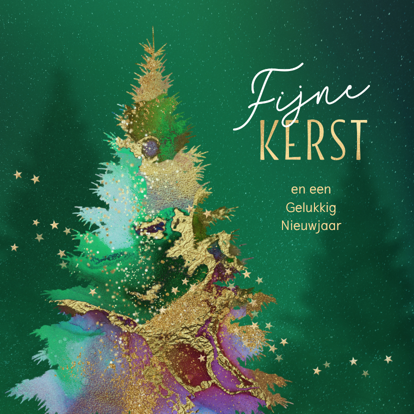 Kerstkaarten - Kerstkaart met abstracte kerstboom in goud en groen