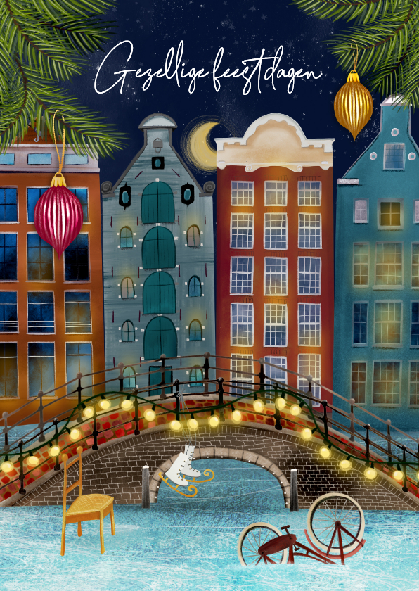 Kerstkaarten - Kerstkaart met Amsterdamse pandjes en een brug