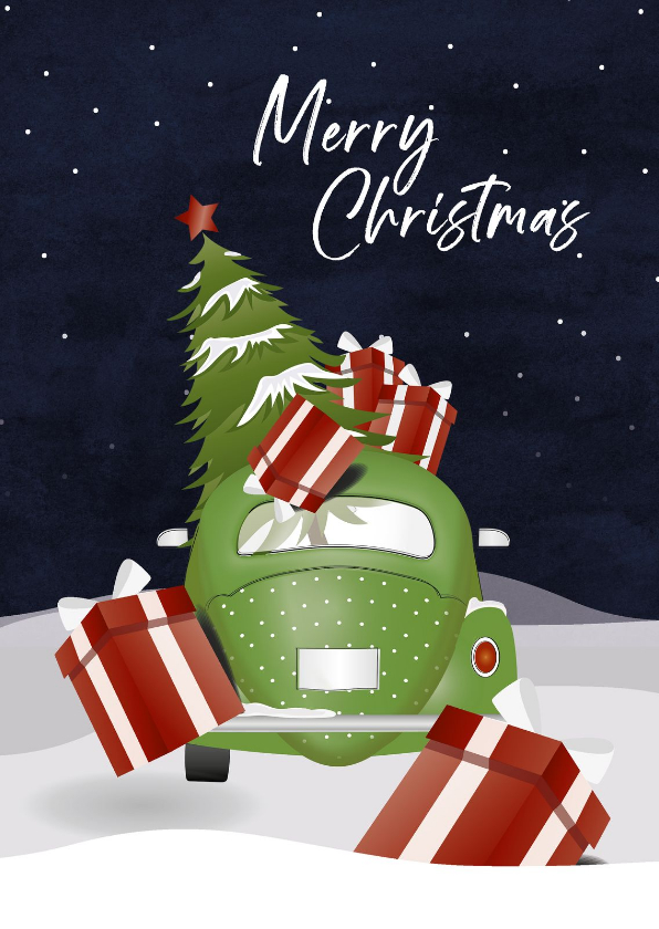 Kerstkaarten - Kerstkaart met auto vol cadeautjes en een kerstboom