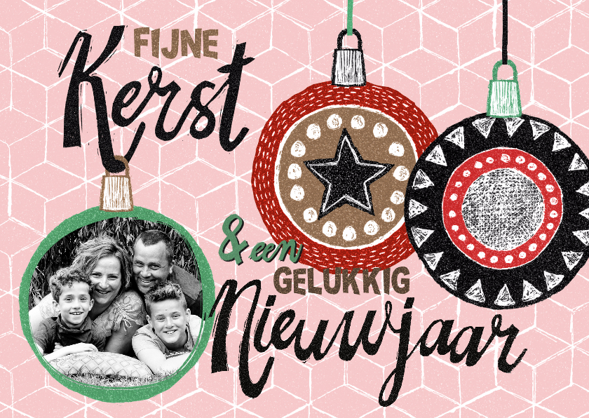 Kerstkaart met ballen roze rood - Kerstkaarten Kerstkaarten - Kerstkaart met ballen roze rood