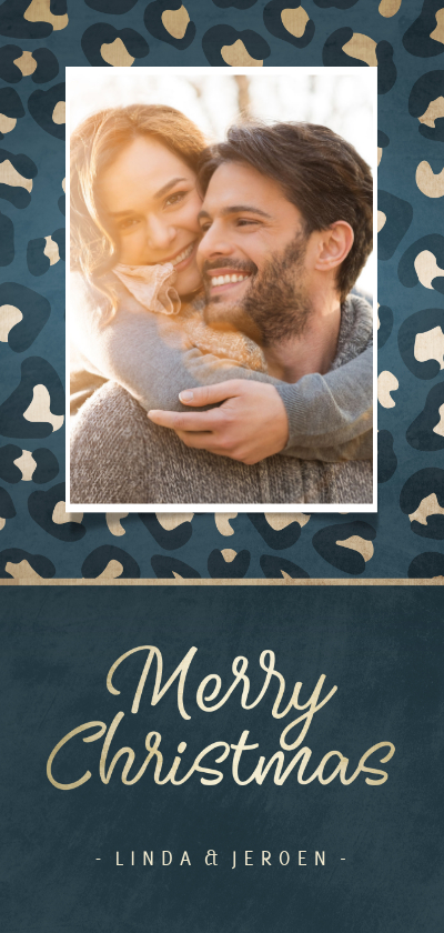 Kerstkaart met blauw/gouden panterprint en foto - Kerstkaarten Kerstkaarten - Kerstkaart met blauw/gouden panterprint en foto