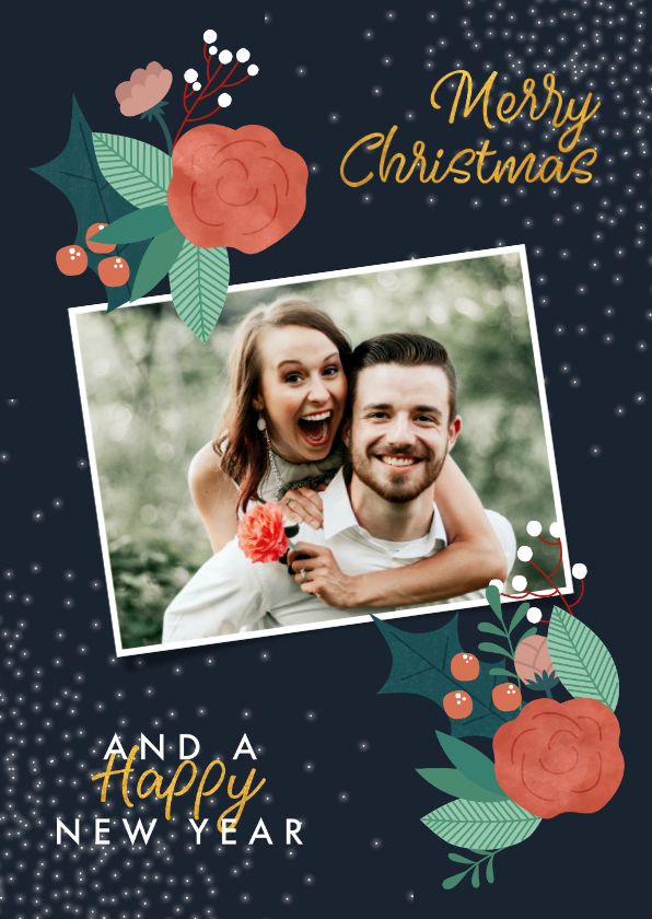 Kerstkaart met bloemen, kersttakjes en sneeuw - Kerstkaarten Kerstkaarten - Kerstkaart met bloemen, kersttakjes en sneeuw