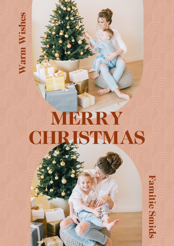Kerstkaart met boog patroontje en twee foto's - Kerstkaarten Kerstkaarten - Kerstkaart met boog patroontje en twee foto's