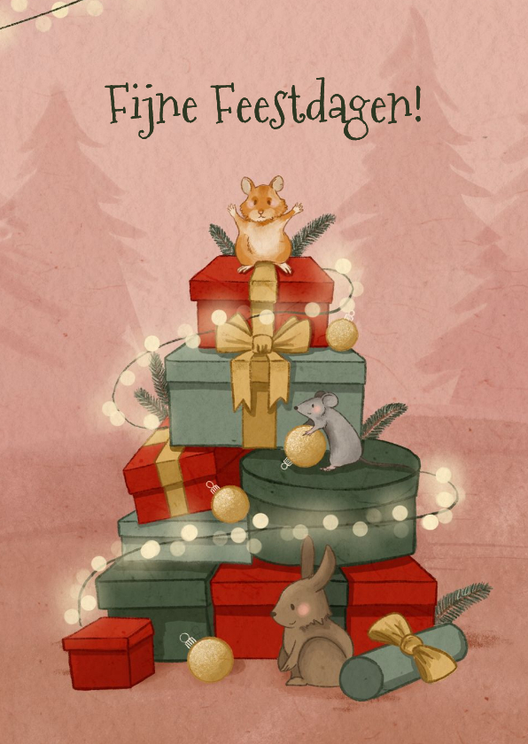 Kerstkaart met bosdieren met cadeautjes - Kerstkaarten Kerstkaarten - Kerstkaart met bosdieren met cadeautjes