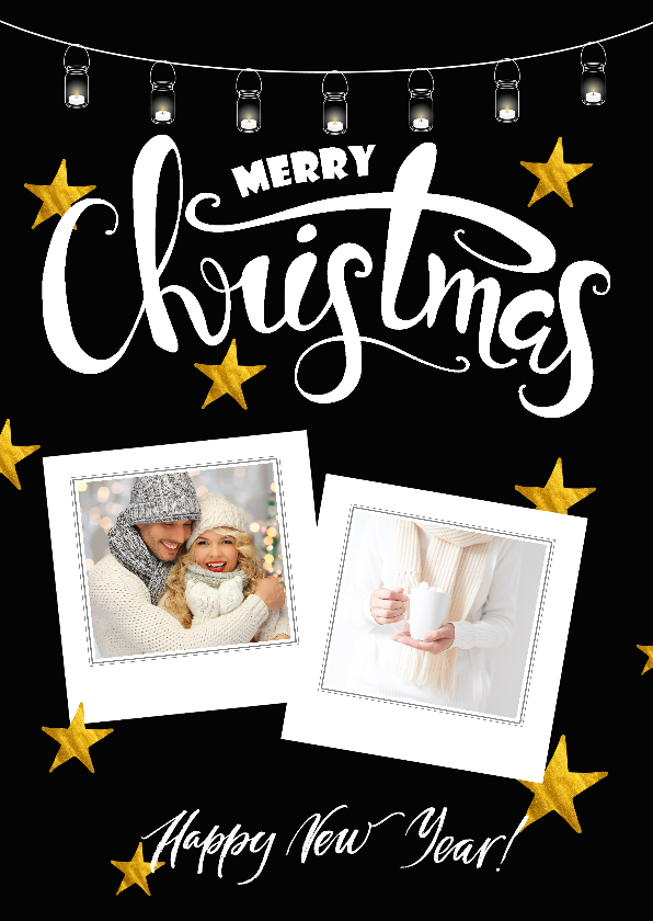 Kerstkaart met collage op zwart met gouden sterren - Kerstkaarten Kerstkaarten - Kerstkaart met collage op zwart met gouden sterren